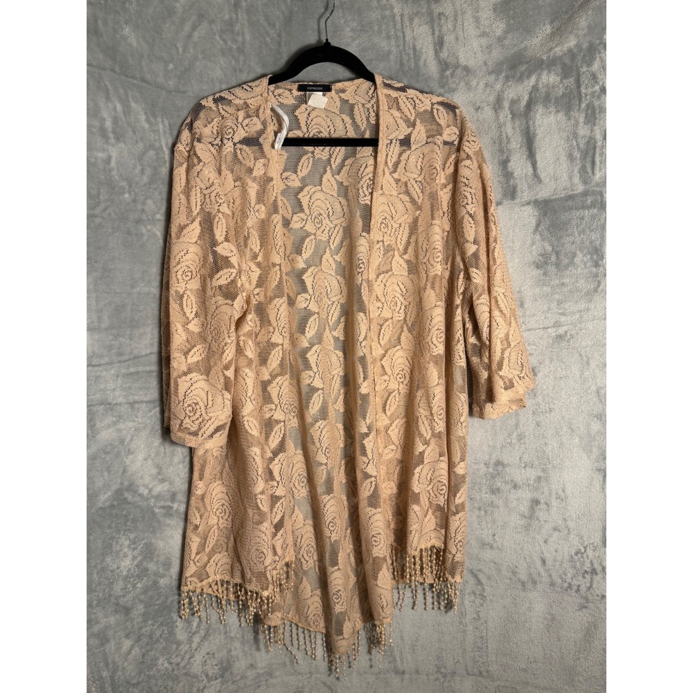 Espresso Womens Beige Floral Lace Open Front Cardigan Fringe Trim
Plus size 2X
